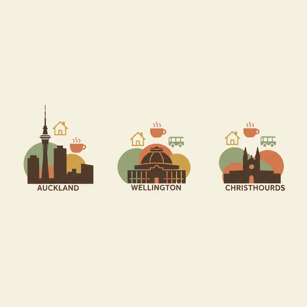 Illustration of three NZ city skylines side by side with cost-of-living icons floating above each