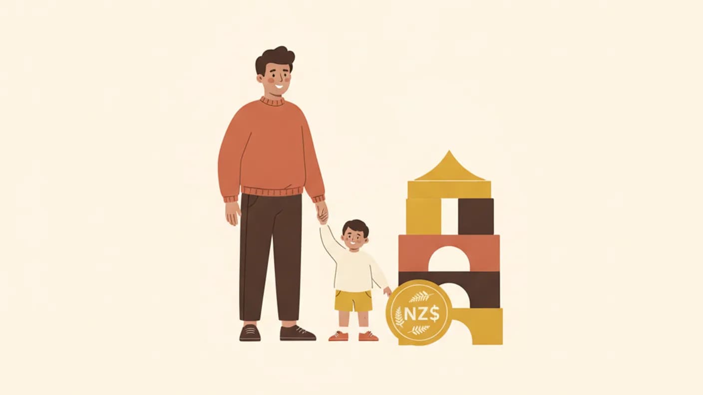 Daycare costs NZ — warm illustration of a parent, child and coins beside building blocks