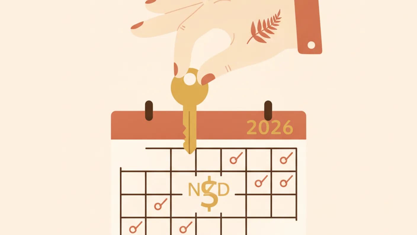 Average rent in New Zealand by city — warm illustration of NZ homes and a calendar