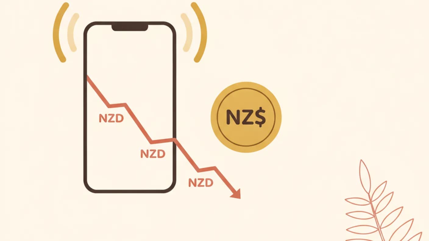 NZ mobile plans — warm illustration of a smartphone with a falling cost line and gold coin