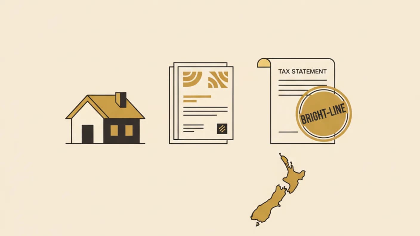 House and shares with a tax form, NZ map outline, gain/loss arrows