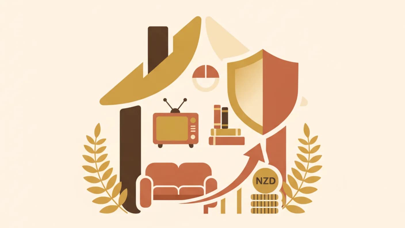 Contents insurance NZ — warm illustration of a home and protective shield