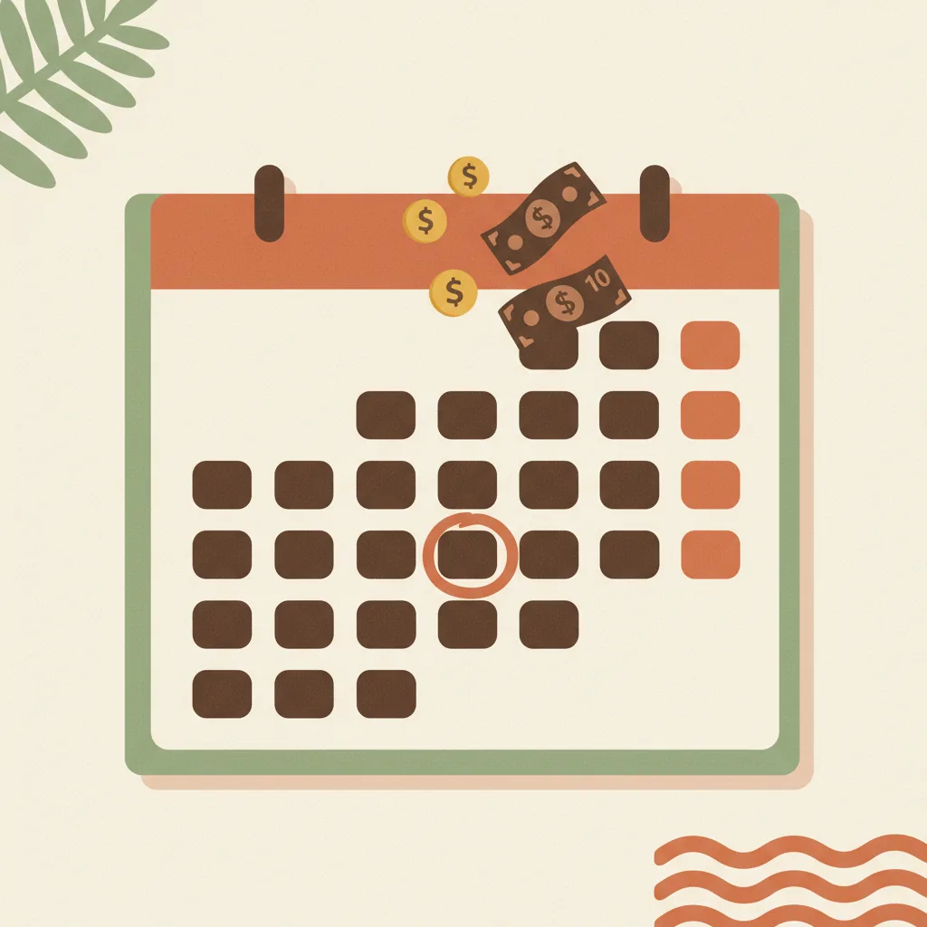 Illustration of a Kiwi household calendar with a payment day circled and dollar bills floating above