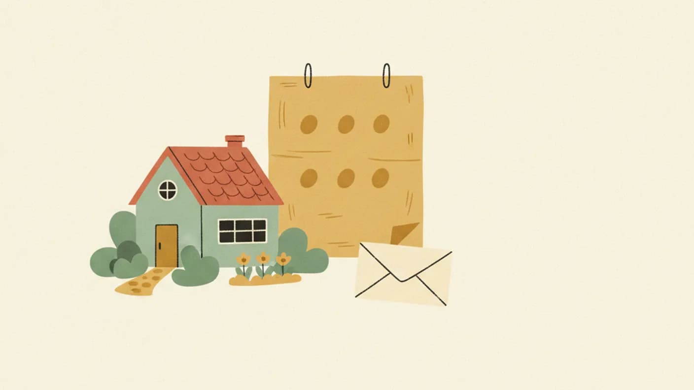A small house with a garden beside a calendar with instalment dates marked and a plain envelope, in flat paper-cut shapes