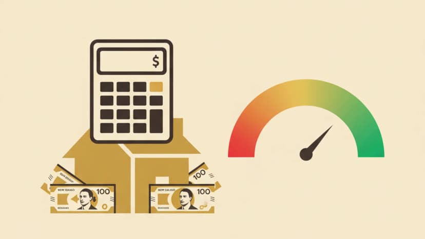 Calculator, house, and NZ banknotes showing affordability math
