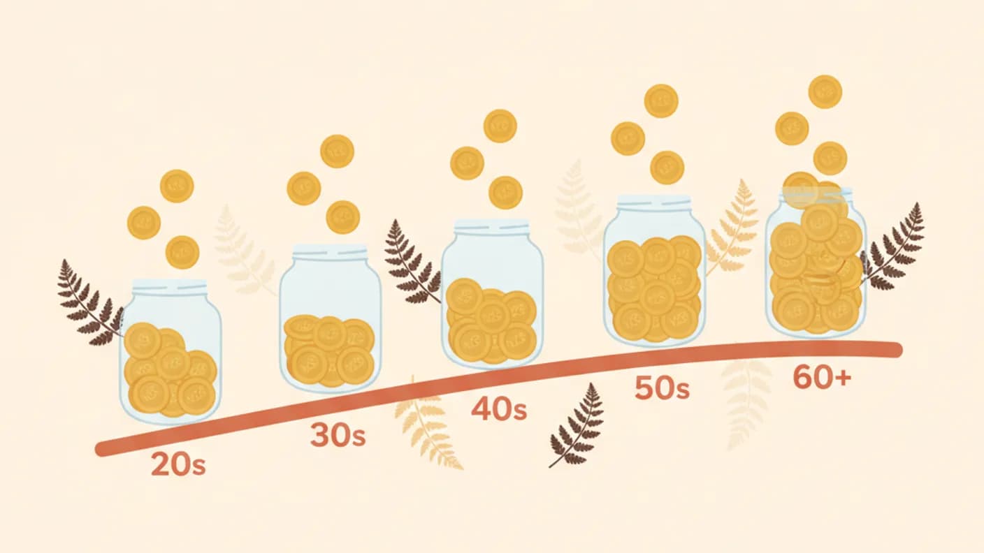 How much should I have in savings NZ — warm illustration of a growing savings jar by age