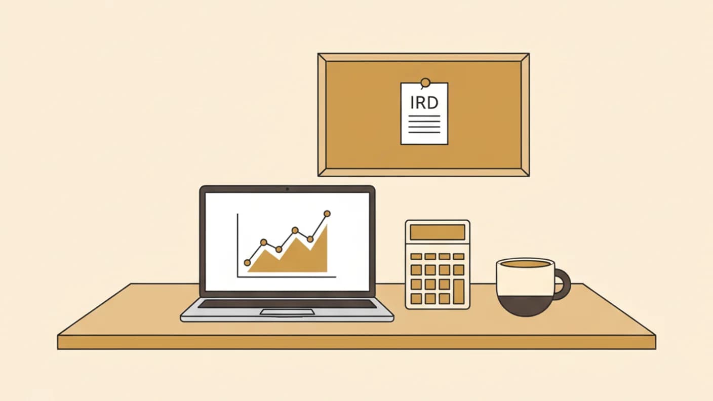 Home office with laptop, calculator, and IRD form, NZ fern accent