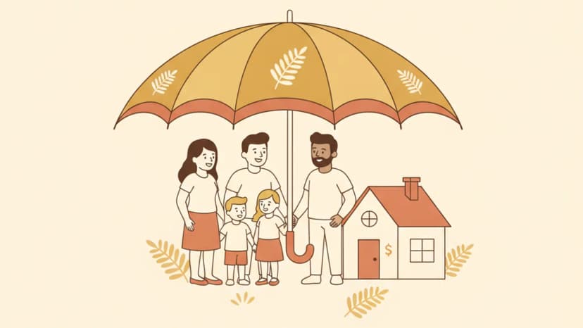 Life insurance vs income protection NZ — warm illustration of a family under a protective umbrella