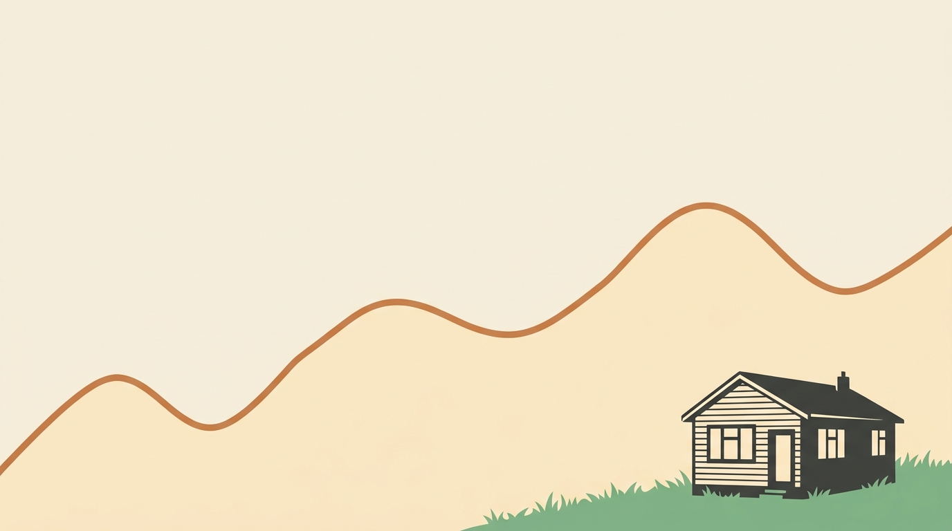 Stylised line graph with a small NZ weatherboard house silhouette