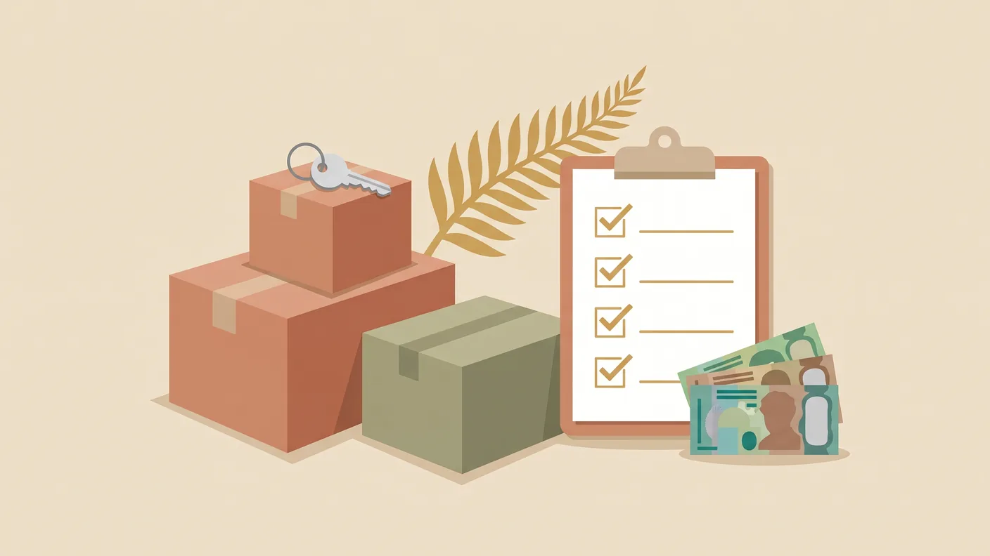Illustration of boxes, a rental checklist, and a set of house keys