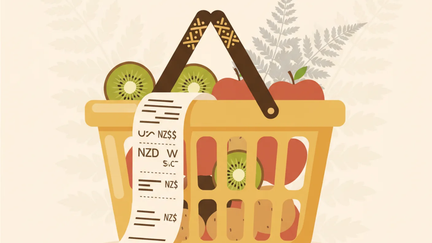 NZ grocery basket with price tags and supermarket comparison chart