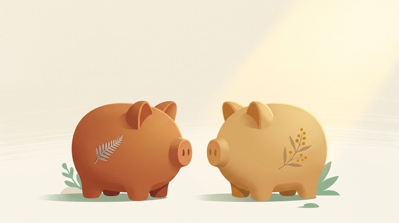 Two stylised piggy banks side by side representing NZ and Australian savings