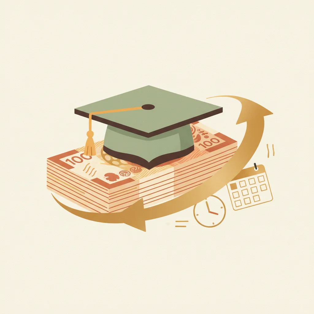 Illustration of a graduation cap on top of a stack of dollars, with a calendar arrow showing time saved