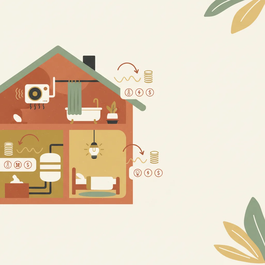Illustration of a heat pump, hot water cylinder, and LED bulb arranged like a friendly NZ home audit