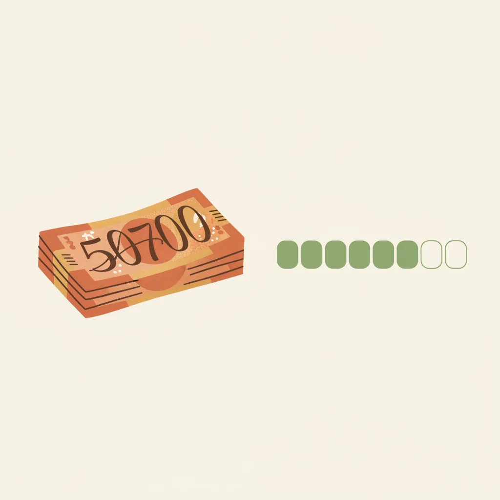 Illustration of a stack of $5,000 next to a six-month calendar showing weekly milestones