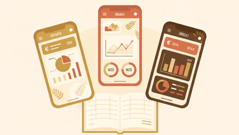 Three Kiwi investment platforms compared — calm office desk, phone, notebook