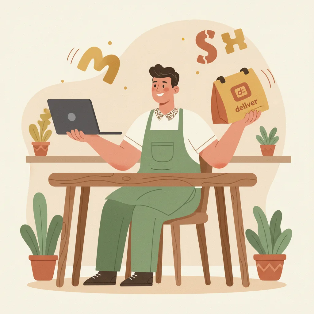 Illustration of a Kiwi worker juggling a laptop and a delivery bag, with tax-code letters floating around