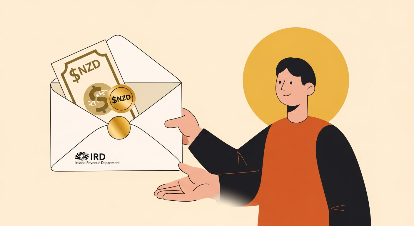 Illustration of an IRD tax-refund cheque arriving in a NZ household letterbox