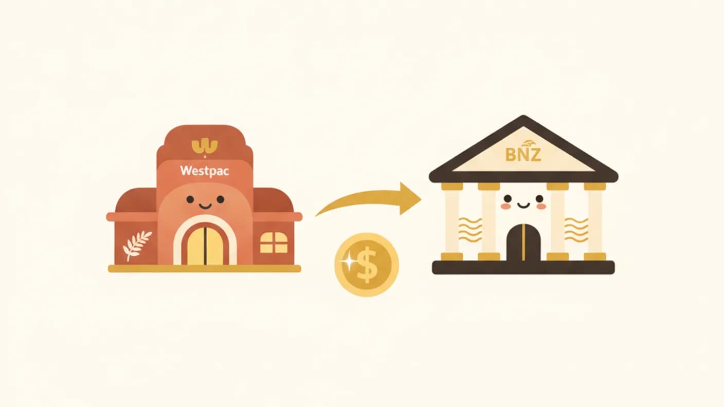 Westpac vs BNZ — warm illustration of two bank buildings with an arrow between them