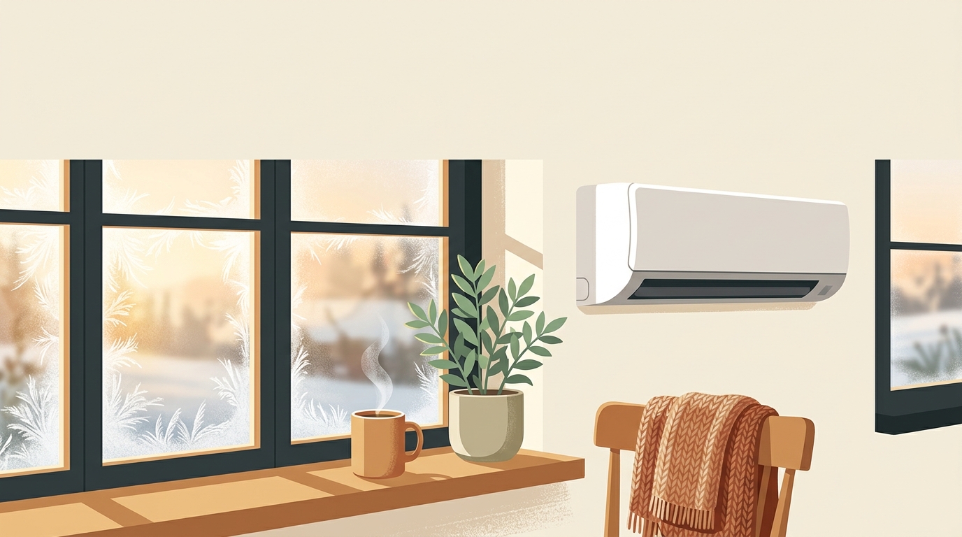 Cosy New Zealand kitchen window with frost on the glass and a heat pump on the wall