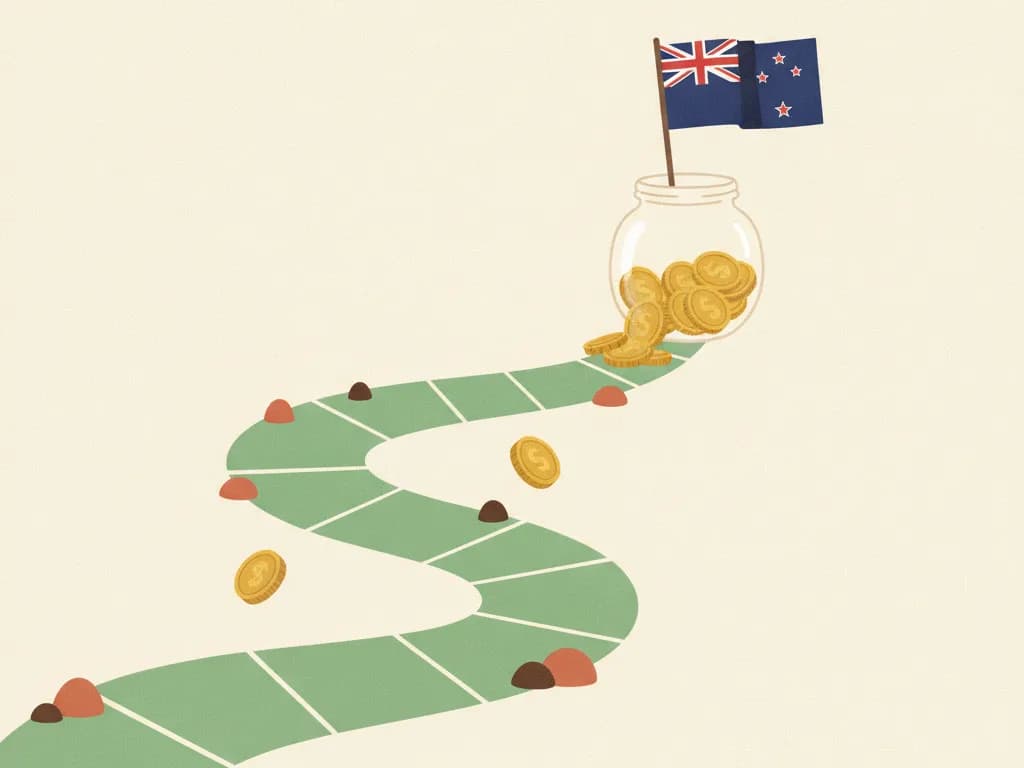 A flag on a rising path beside a filling jar of coins