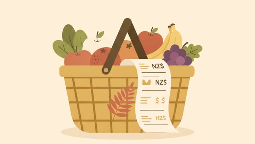 Average grocery cost NZ — warm illustration of a weekly grocery shop