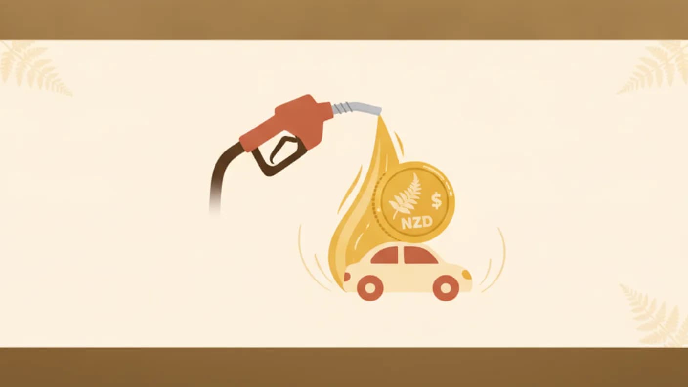 Average petrol cost NZ — warm illustration of a fuel pump and car