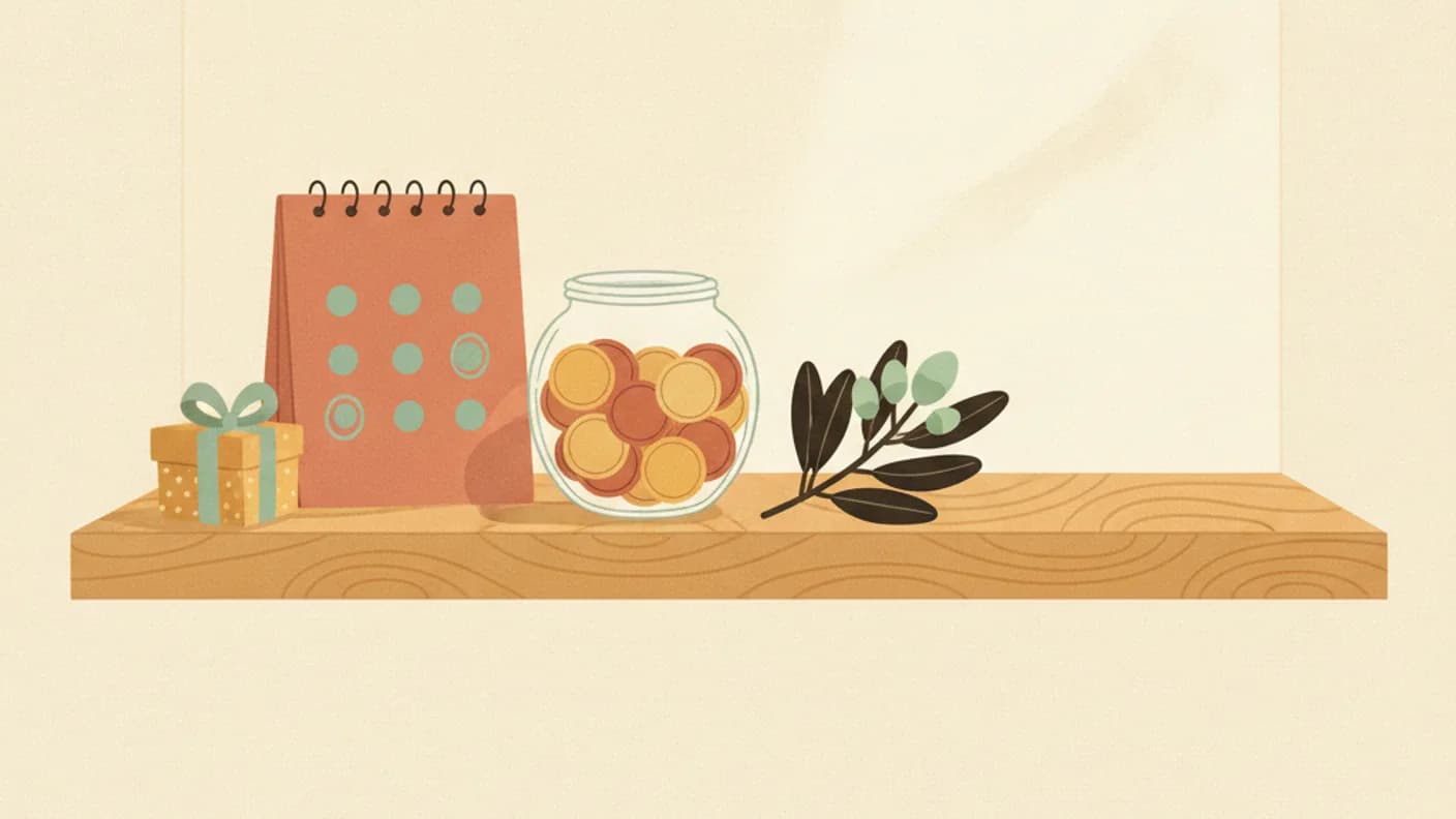 A small wrapped present beside a calendar and a jar of coins on a summer windowsill