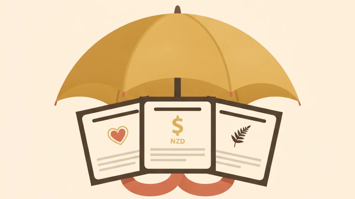 Health insurance cost NZ — warm illustration of a price tag under a protective umbrella