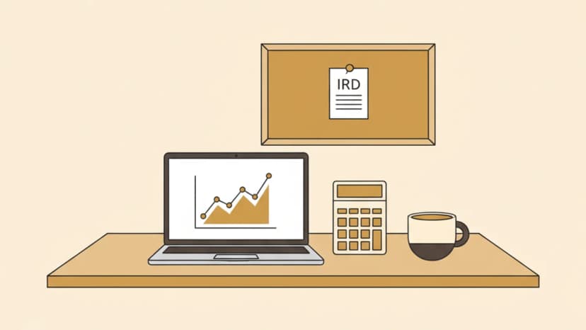 Home office with laptop, calculator, and IRD form, NZ fern accent