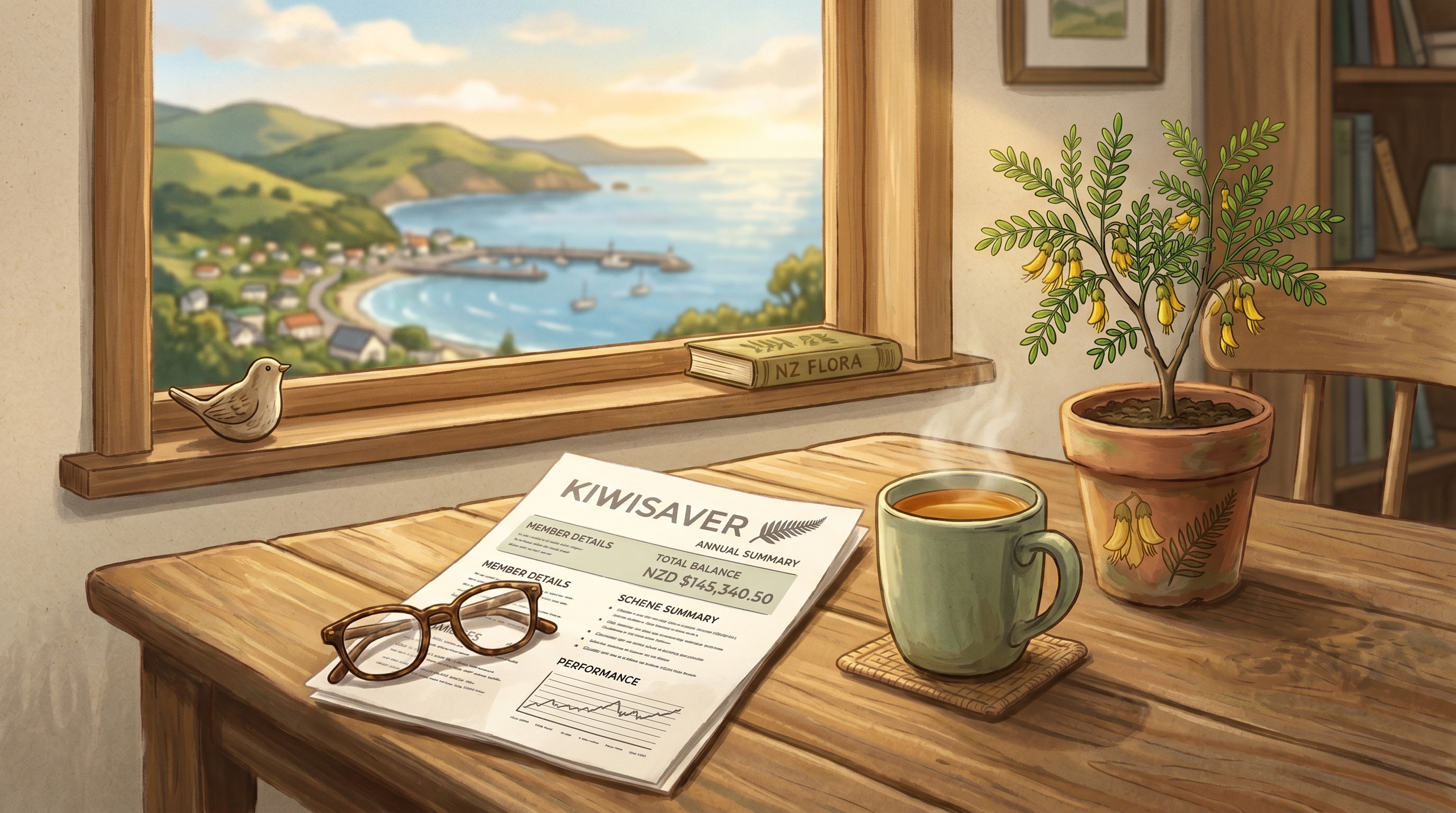 Illustration of a sunlit New Zealand table with KiwiSaver paperwork, glasses and a cup of tea