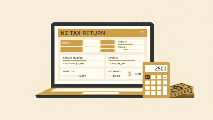 IRD myIR dashboard with tax return form and NZ dollar notes