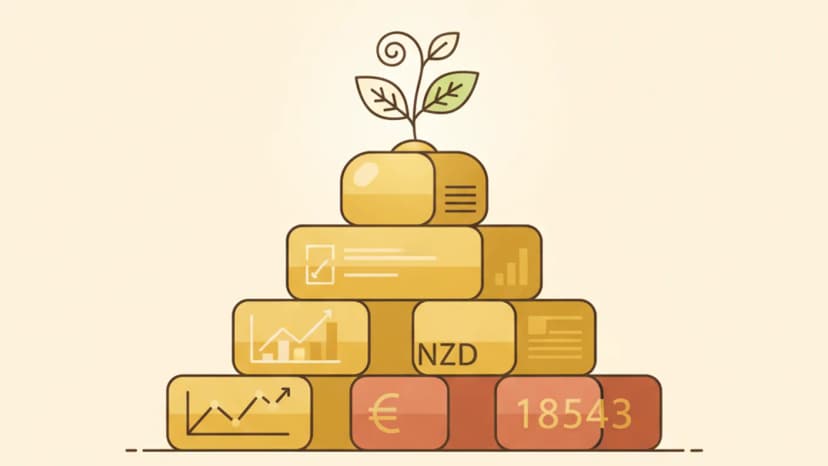 Kernel review — warm illustration of stacked index blocks with a sprout