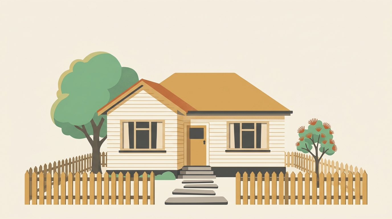 Small NZ first home with weatherboard exterior and a young pohutukawa tree