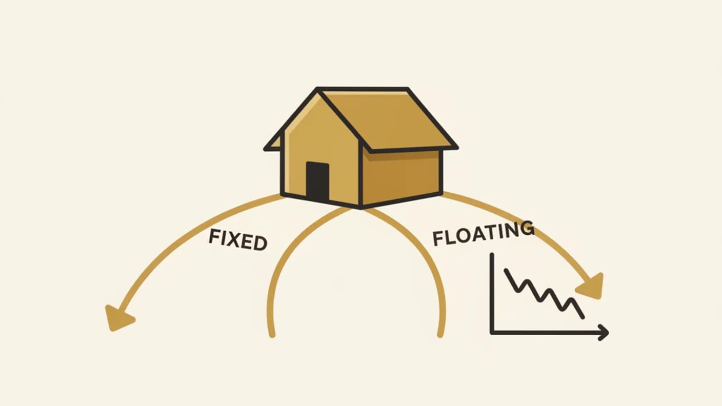 House with two paths labelled fixed and floating, interest rate chart trending down