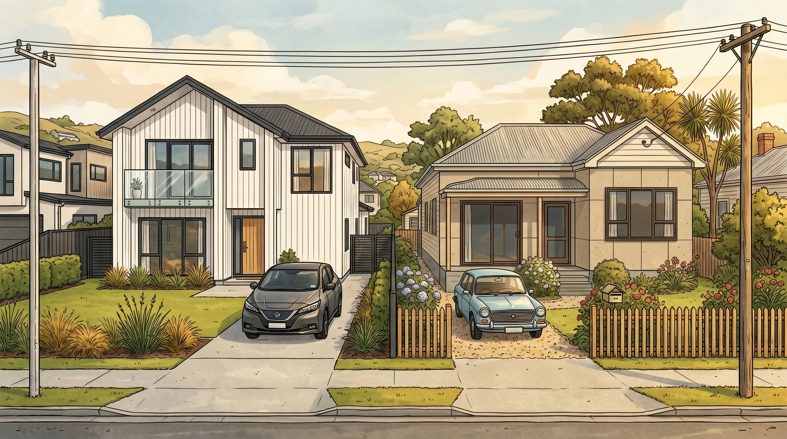 Illustration comparing a modern new-build NZ home next to a 1970s weatherboard villa