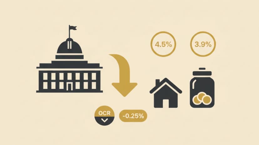 Illustration of NZ Official Cash Rate trending down across 2024-2026, with a house showing lower mortgage costs and a piggy bank showing lower savings interest