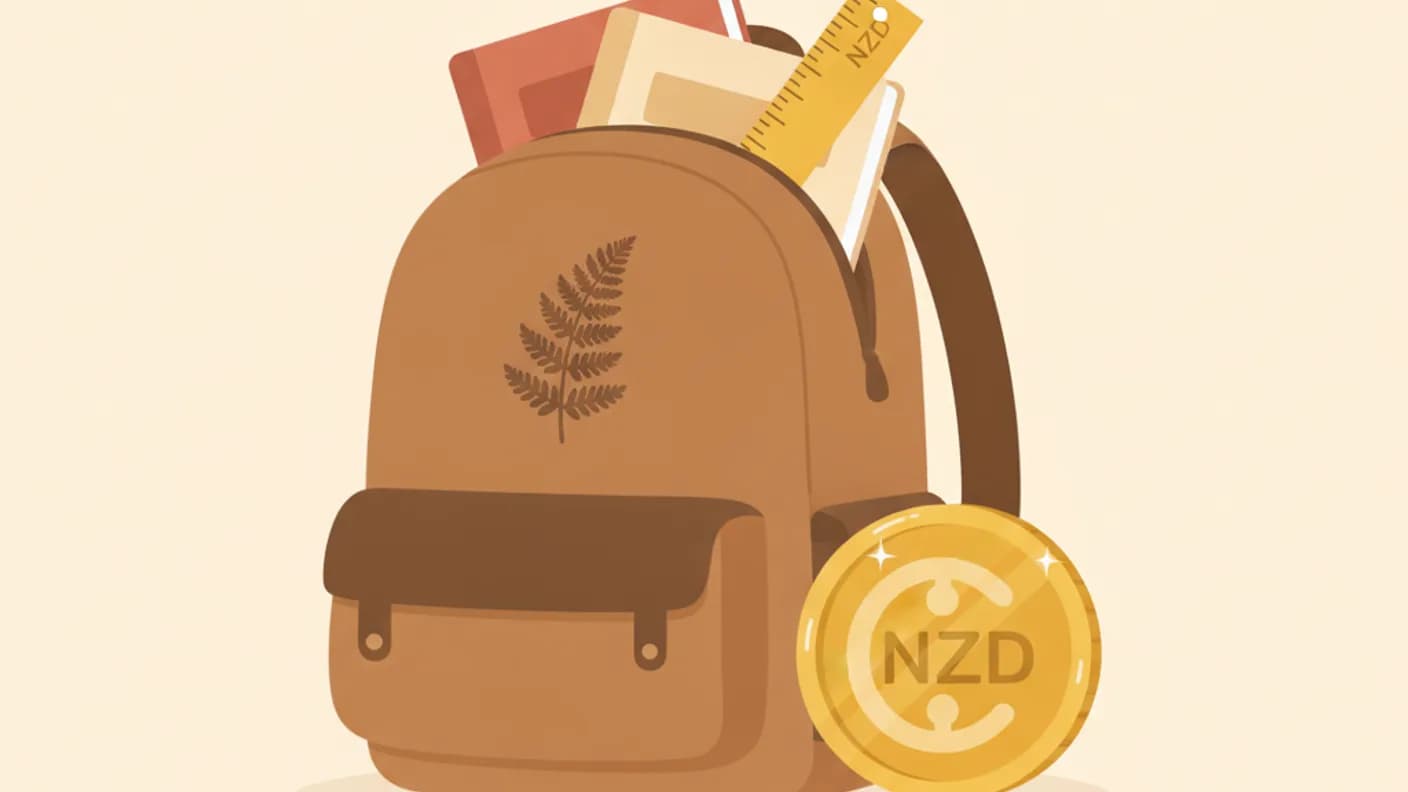 School costs NZ — warm illustration of a backpack, books and coins