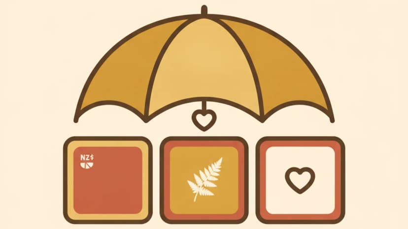 NZ health insurance comparison — warm illustration of a protective umbrella over three plan cards