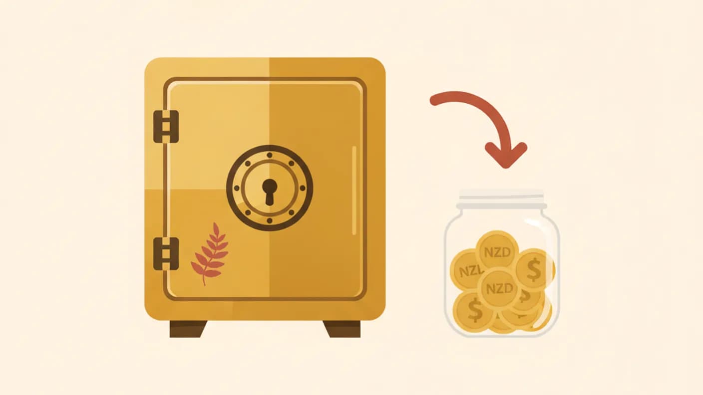 Term deposit vs savings account NZ — warm illustration comparing a vault and an open jar
