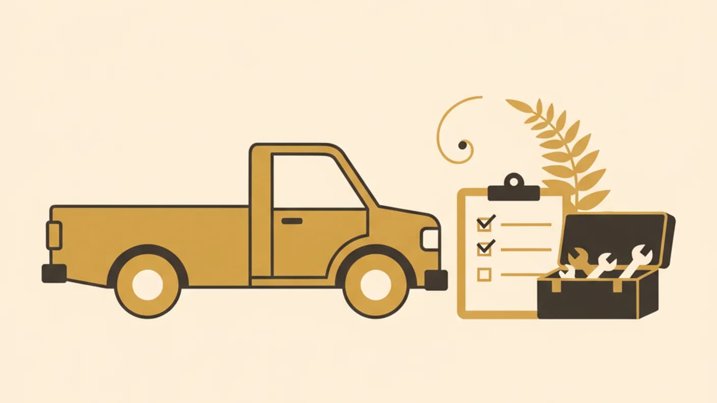 Tradie ute with tools, IRD form, and NZ banknotes