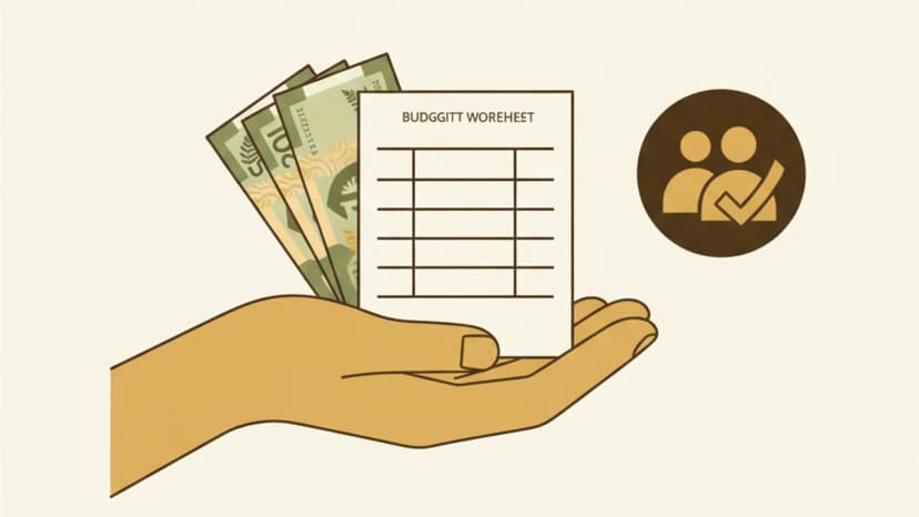 Hand reaching out with NZ banknotes and a budgeting worksheet, support icon