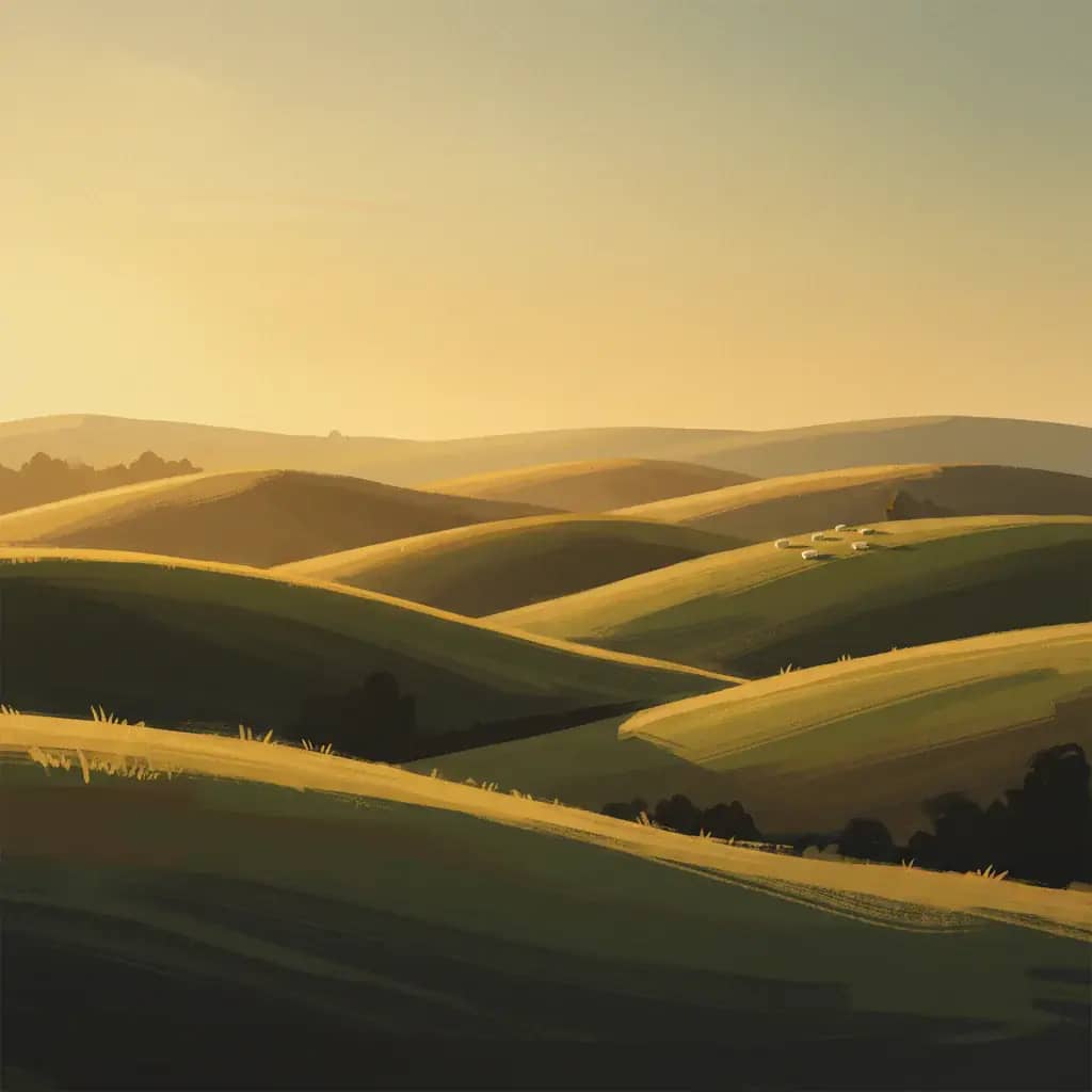 New Zealand farmland at golden hour — stylised painterly illustration