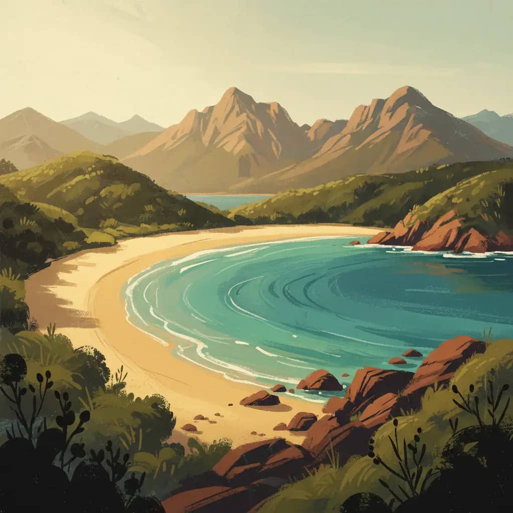 Abel Tasman coast, New Zealand — stylised painterly illustration
