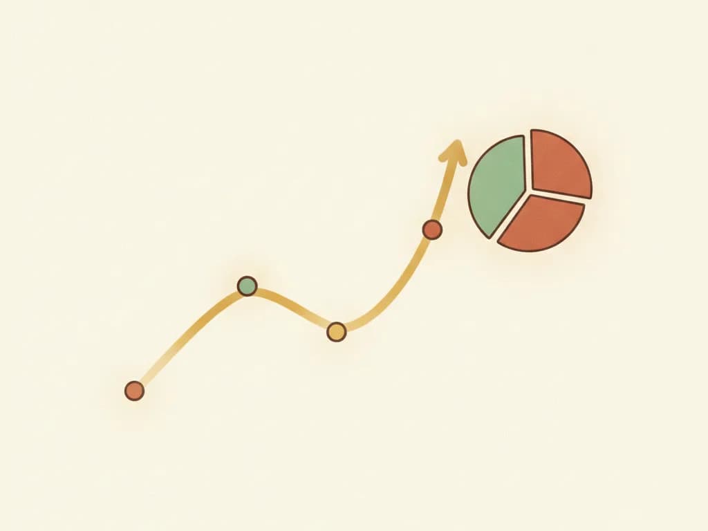 A rising line chart with plotted points and a category pie slice